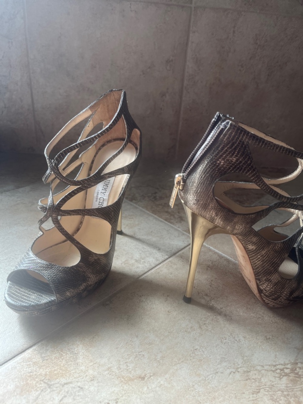 Jimmy Choo Brown Snakeskin Cutout Stiletto Sandals with Gold Heel
